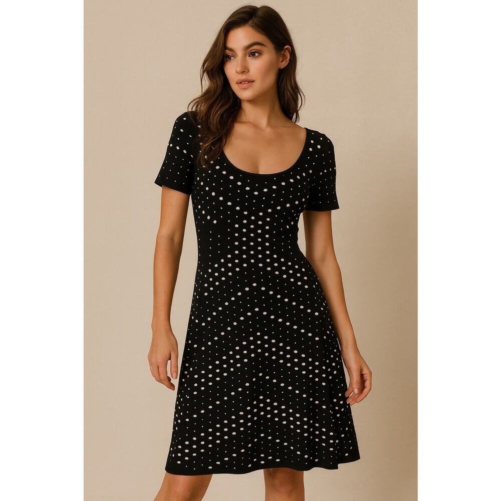 Milly Pointelle Knit Sweater Dress M Black White Fit & Flare Scoop Neck $395 - Picture 2 of 14